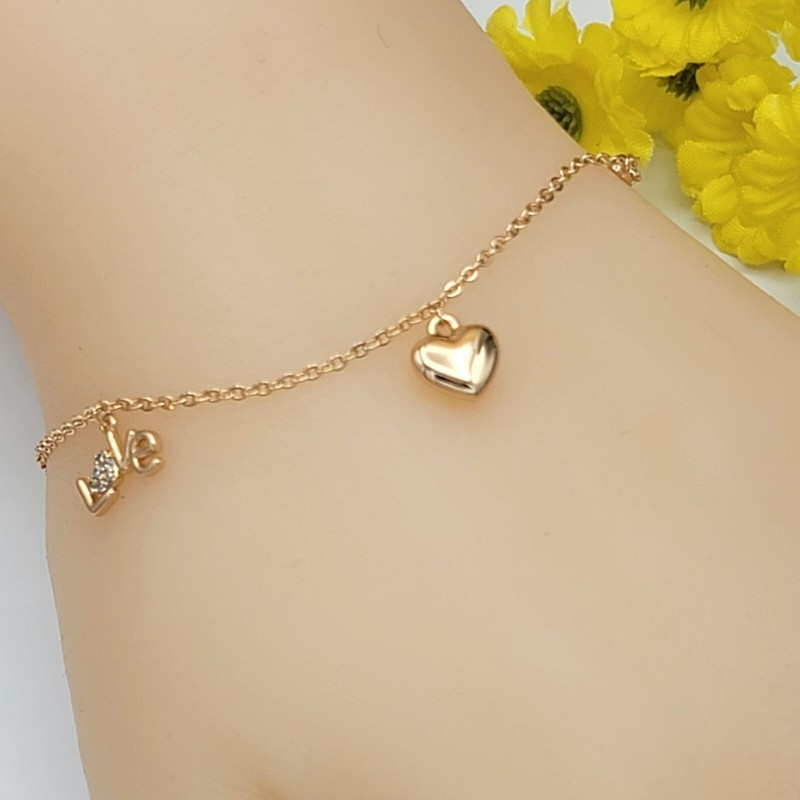 18K Gold Plated Fashion Love & Heart Charms Chain Bracelet. Oro Laminado gallery