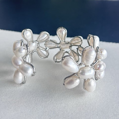 Silver Tone Adjustable Wire Cuff Bracelet Flower with White Baroque Pearls