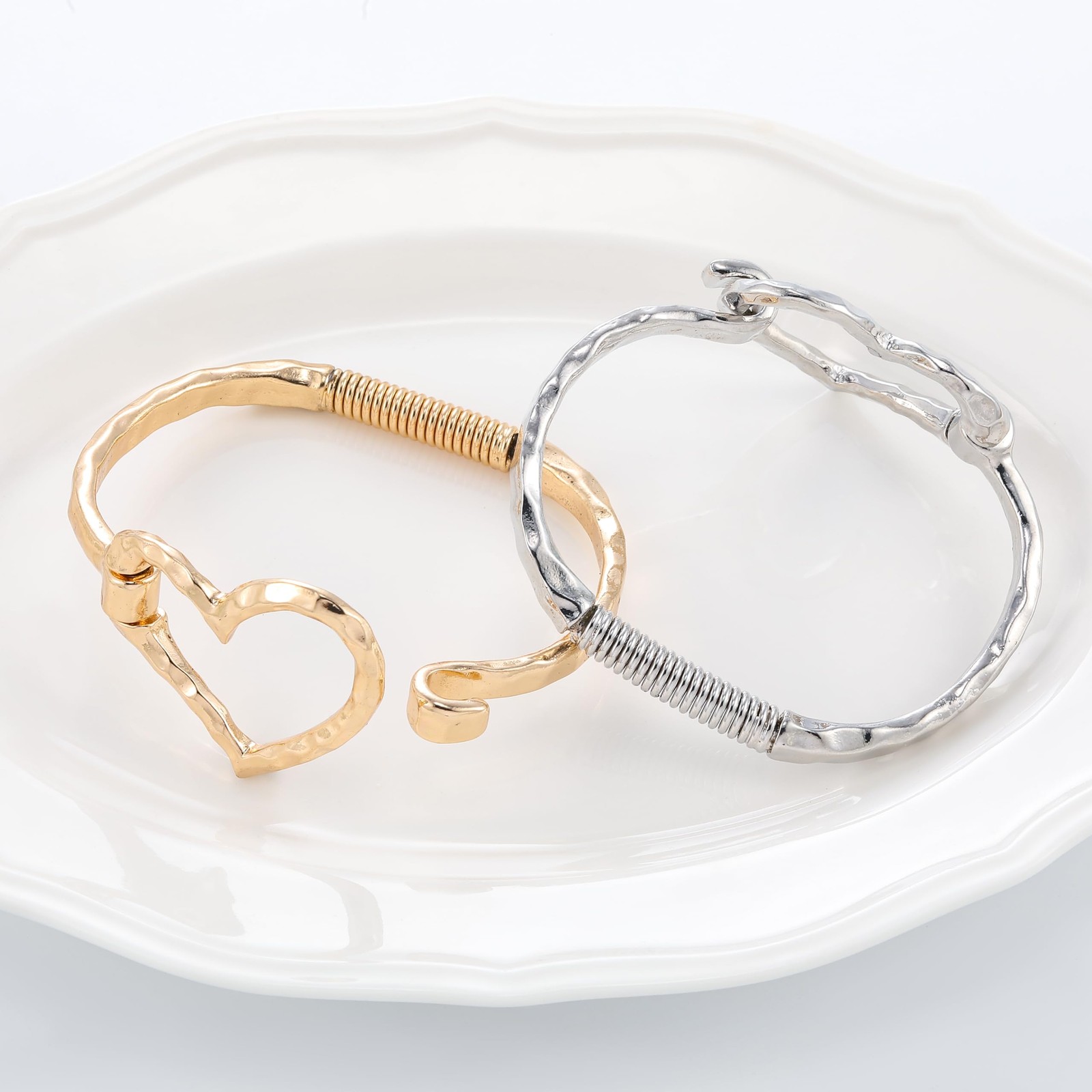 Silver Heart Bracelet Ring Set for Cuff Bangle Irregular Bracelet Wide Chunky... gallery