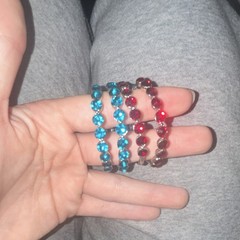 Blue red silver beaded bangle bracelet set, glass round beads, wire, stackable