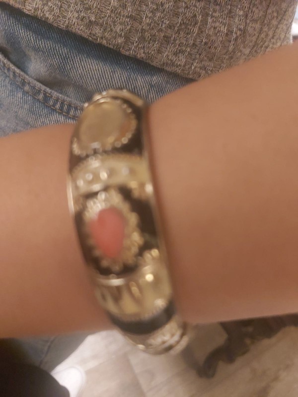 Vintage Silver ToneBlack Enamel Cuff Bracelet Pink Tear Drop Cabochon Boho gallery