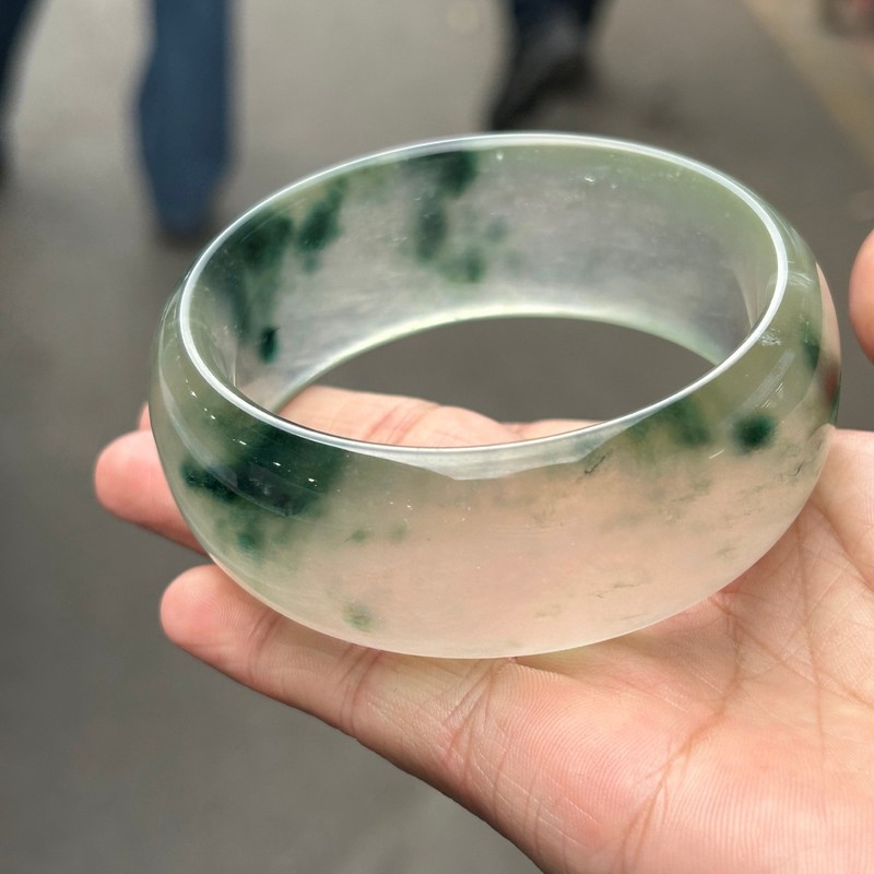 63MM Real Natural Myanmar high Ice Green Jade jadeite tyre bracelets bangle gallery