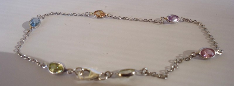 925 STERLING SILVER LADIES ANKLE BRACELET W/ MULTI-COLOR STONES 10'' LONG gallery