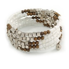 Coiled Glass/ Acrylic Beaded Flex Bracelet in Silver/ White/ Bronze