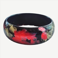 Women’s Vintage Abstract Art Red Floral Handpainted Wooden Bangle Bracelet
