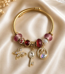 Gold Tone Stackable Charm Bangle Bracelet w/ Pink Round Crystal Beads Key Heart