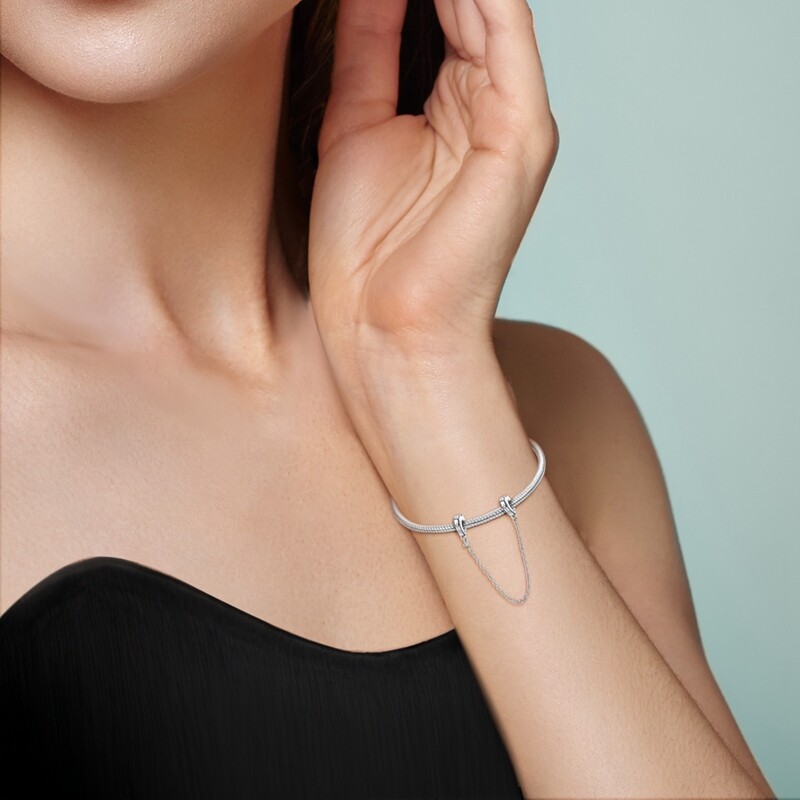 MULA S925 Sterling Silver Safety Chain CZ Dewdrop Love Charm For Women Bracelet gallery