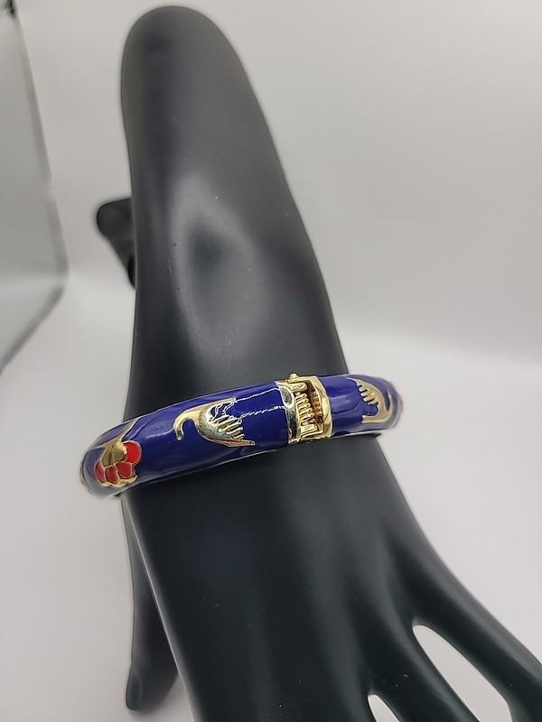 Vintage Blue Enamel Floral Hinged Bangle Bracelet Gold Tone Cloisonne' Style gallery