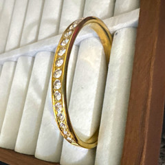 Gold Tone Metal Cuff Bracelet Channel-Set Round Clear White Crystal Stackable
