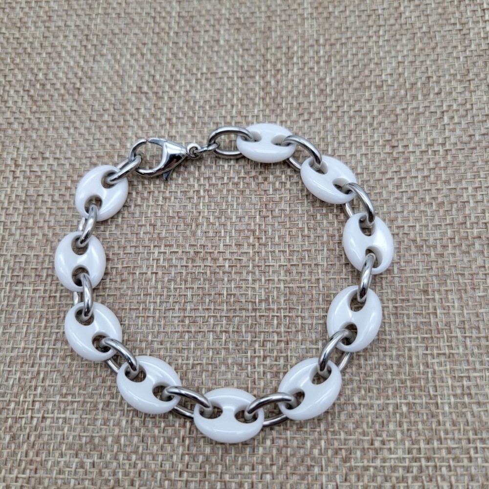 Edforce Stainless Steel and White Ceramic Oval Chain Link Bracelet 8.25" (21cm)