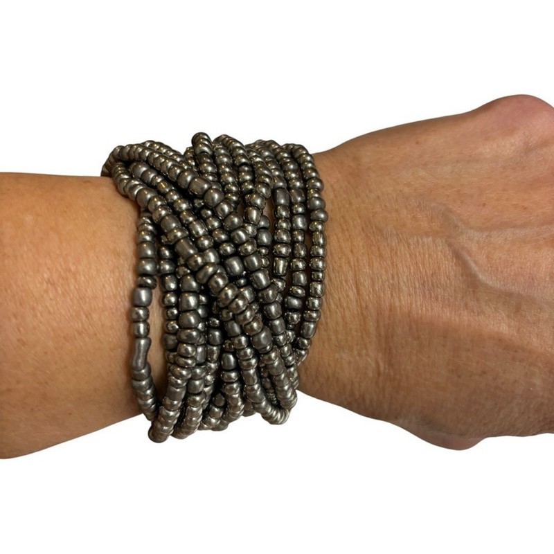 Avalaya Gunmetal Silver Multi Strand Beaded Stretch Bracelet with Wooden Clasp gallery