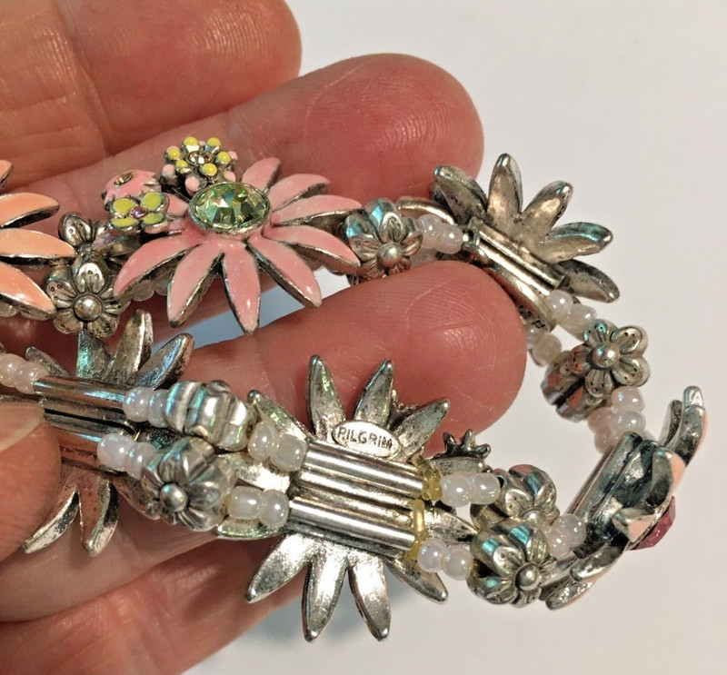BRACELET Pink ENAMEL DAISY FLOWER CRYSTALS Pilgrim Silver Plated Denmark Stretch gallery