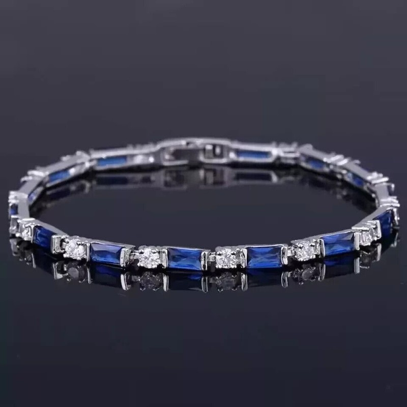 6 Ct Baguette Cut Simulated Blue Sapphire Tennis Bracelet 14K White Gold Plated gallery