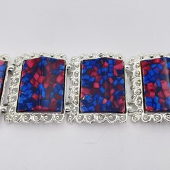 PAM Cuff Bracelet Blue Red Resin Mosaic Silver Tone Wide Chunky 7.5″ Statement