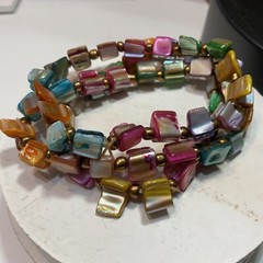VTG Abalone / Mother Of Pearl Shell Stretch Bracelets Set 3 Pink Tea Iridescent