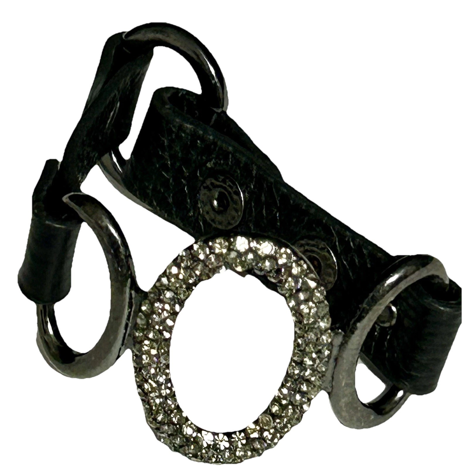 Black Leather Rhinestone Open Circle Snap Wrap Cuff Bracelet Statement gallery