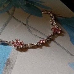 Silver Tone Pink Crystal Flower Link Chain Charm Bracelet Adjustable Lobster