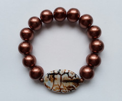 NEW BROWN AGATE OVAL & 12MM BROWN GLASS PEARL BRACELET, BUY 2 GET 3RD FREE