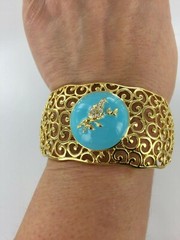 Super Cute Dove Cuff – Crystal Accents & Blue Enamel Brass Goldtone Adjustable