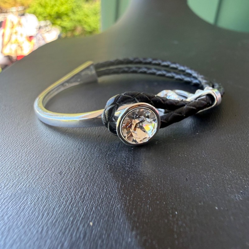 Black Braided faux Leather Silver-Tone Bangle Bracelet Heart Crystal Charms gallery