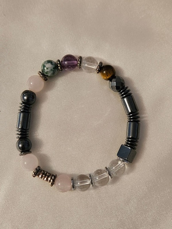 Beaded Multi-Stone Stretch Bracelet - Rose, Green, Purple, Clear, Gold Tones gallery