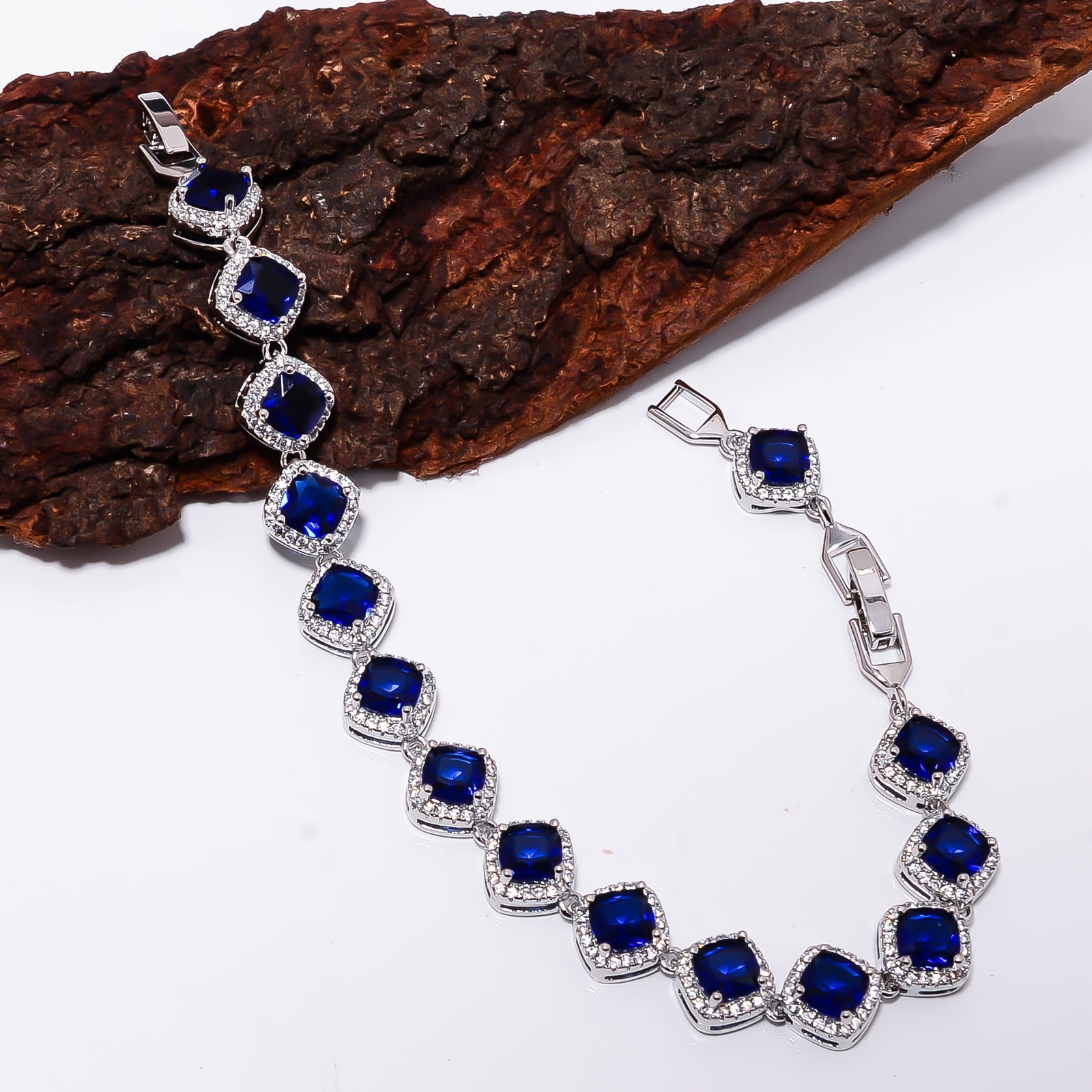 Blue Sapphire -Simulated, CZ 925 Sterling Silver Adjustable Bracelet 7-8" B1725 gallery