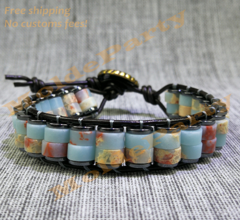 Handmade Natural Agalmatolite Beaded Leather Bracelet Gift Healing Reiki Jewelry gallery