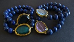 Stretchy Blue Stone Bracelet with Large Focal Bead and Gold Tone Metal (1pc)