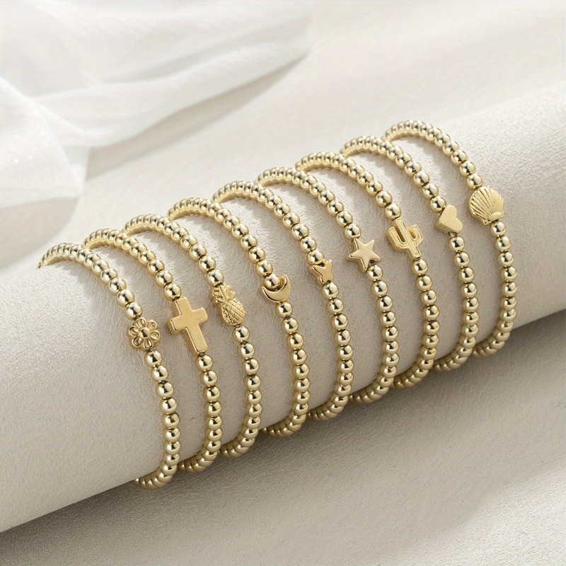 9Pcs Silver Beaded Stackable Bracelets Cross Shell Heart Beach Jewelry gallery