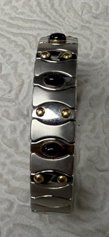 Vintage Stainless Steel 18K GOLD Black Onyx Cabochons Stretch Expansion Bracelet gallery