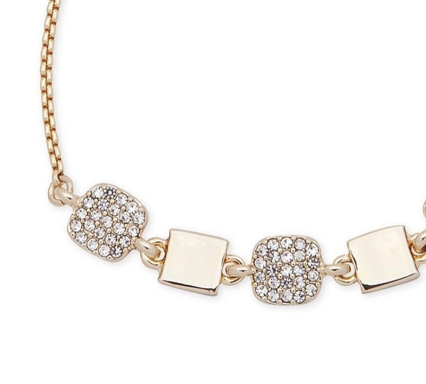 DKNY Gold Pave Crystal Square Adjustable Slider Rhinestone Minimalist Bracelet gallery