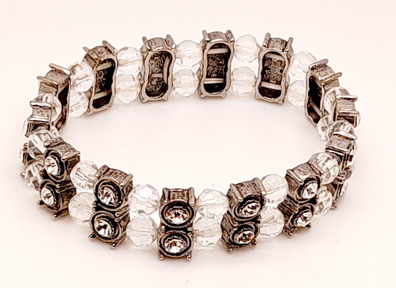 Boho Double Row clear bead Stretch Bracelet With in Antique Silver clear crystal gallery