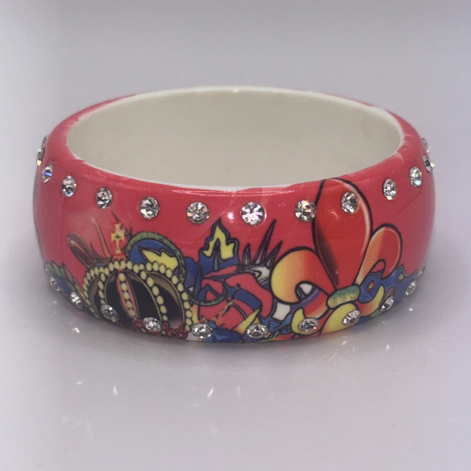 Vintage Ed Hardy Wide Hard Plastic Bangle Bracelet Small Crystal Rhinestones gallery