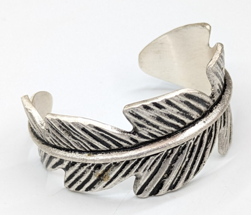 Rustic Cuff Textured Silver Tone Feather Boho 1 1/8" Wide Cuff Bracelet gallery
