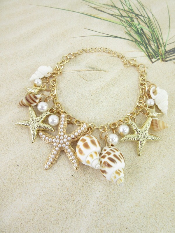 Starfish Seashell Bracelet Pearls Nautical Statement Jewelry Beach Charms NEW gallery