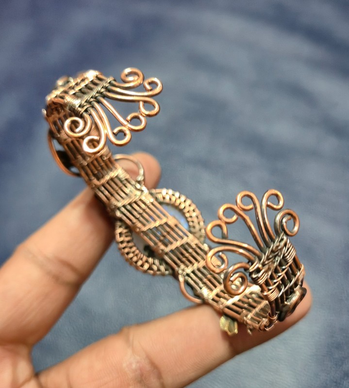 Rainbow Moonstone Copper Wire Wrapped Adjustable Cuff Bangle Statement Jewelry gallery