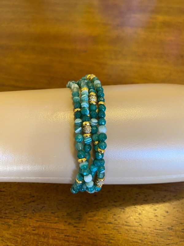 Multi-Strand Green Gemstone Beaded Bracelet Adjustable Pull Tie Signed TAI gallery