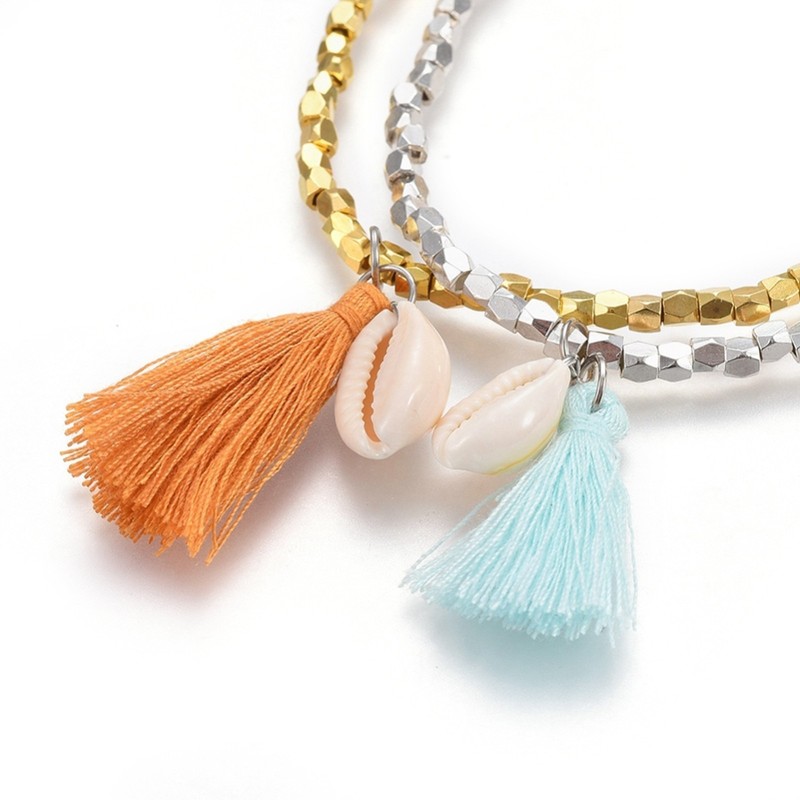 Gold & Silver Beaded Bracelets, Cowrie Shell and Tassel Pendant, Set of 2 gallery