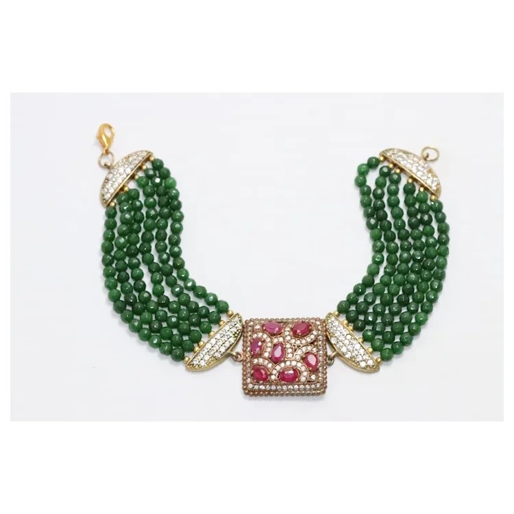 Sterling Silver Green Agate Ruby Cubic Zirconia Bracelet gallery
