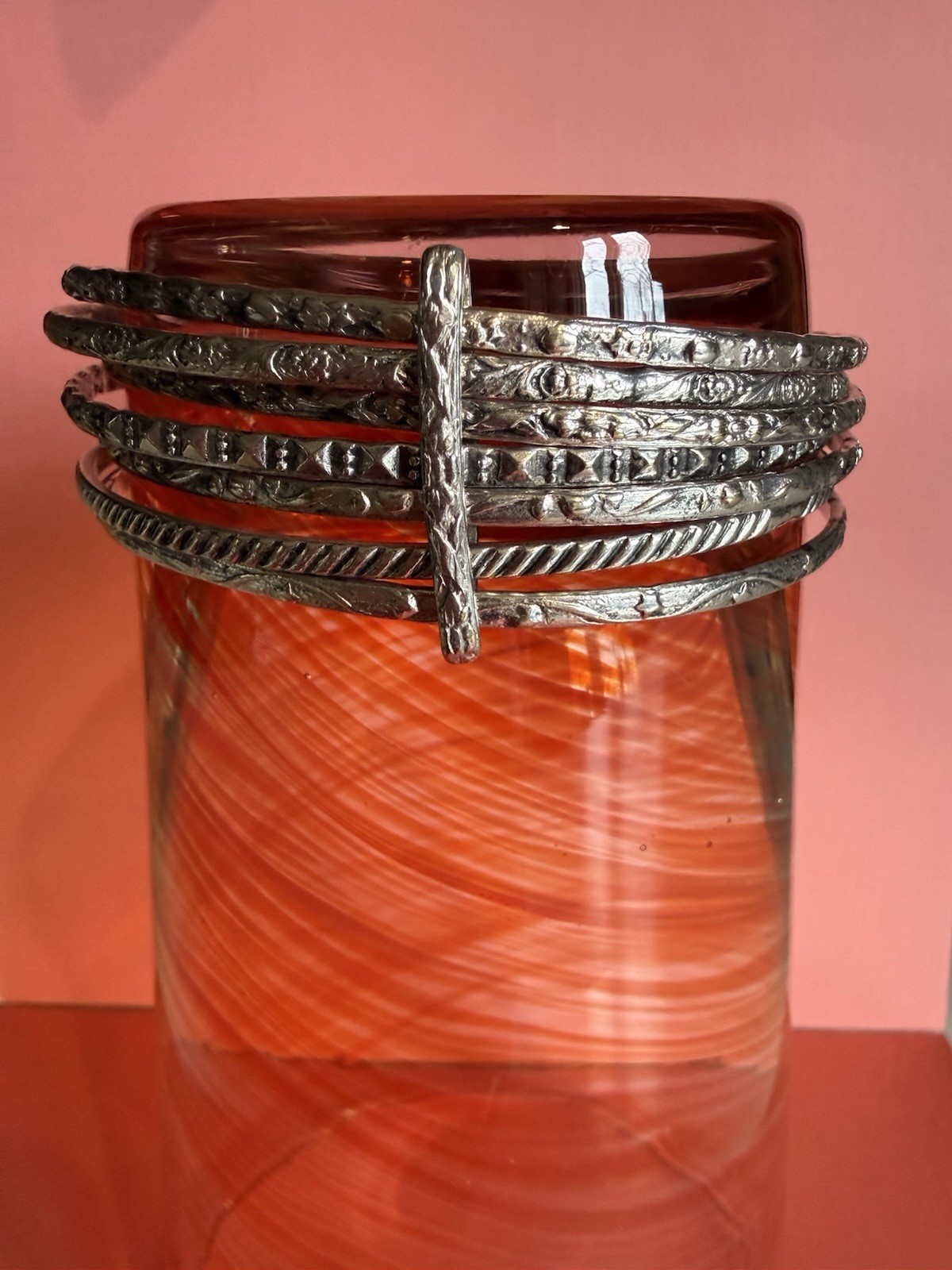 7 Vintage Silver plated Engraved Round Bangle Bracelets / Flower Design Bar gallery