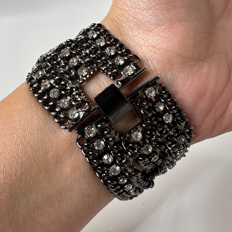 Gunmetal Multi Strand Braided Chain Bracelet Rhinestone Accents Wide Statement gallery
