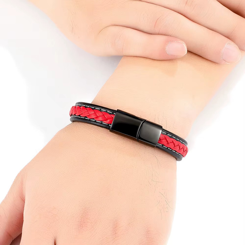 Black & Red Braided Rope Leather Bracelet Men Stainless Steel Charm Jewelry Bang gallery