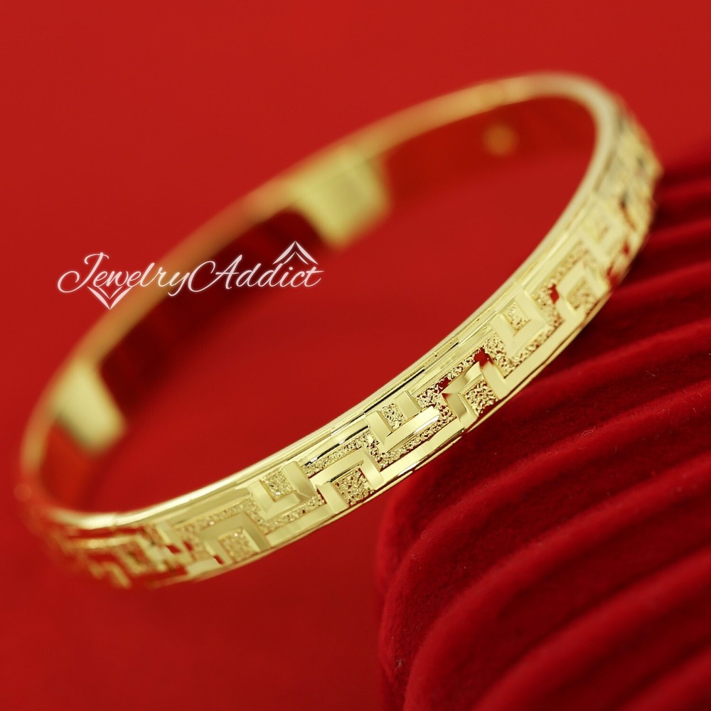 18K YELLOW GOLD FILLED 8MM Matte GREEK KEY BAND 60MM WOMEN SOLID BANGLE BRACELET