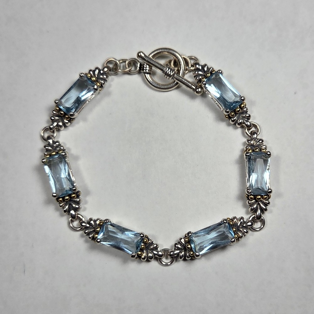 Sterling Silver Sky Blue Rectangular Stones w/ Brass Caviar Accents Toggle Clasp