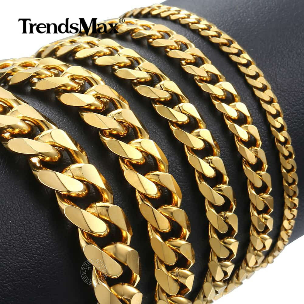 3/5/7/9/11mm Men's Gold Plated Stainless Steel Bracelet Curb Cuban Link Chain gallery