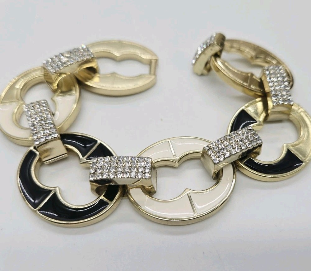 Kirks Folly Link Bracelet Oval Black and White Enamel Crystal Accent Gold tone