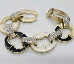 Kirks Folly Link Bracelet Oval Black and White Enamel Crystal Accent Gold tone