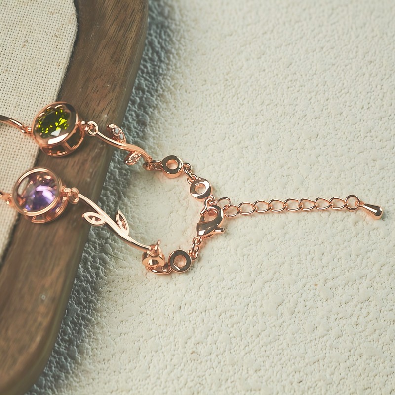 Rose Gold Branch Leaf Multicolor CZ Link Bracelet For Women, Copper Plated Silve gallery