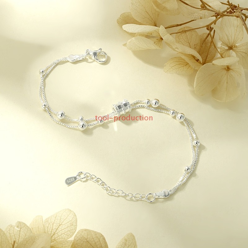 925 Sterling Silver Barrel Charm Double Layer Beaded Women Silver Bracelet Gift gallery