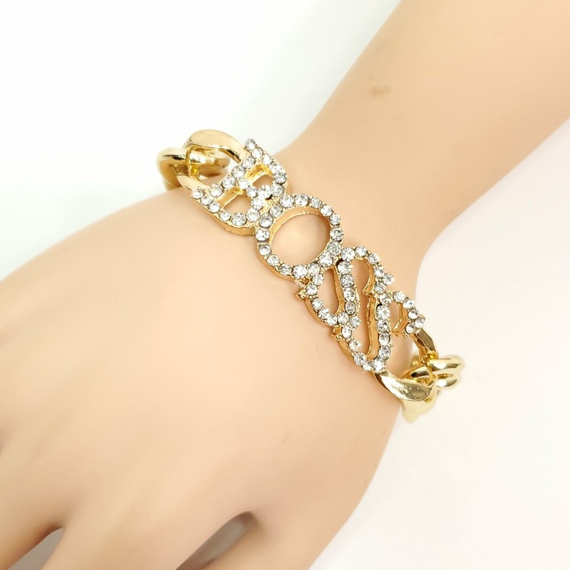 B0001 Simple Gold Color Thick Chain Clear Rhinestones Letter Word BOSS Bracelet gallery